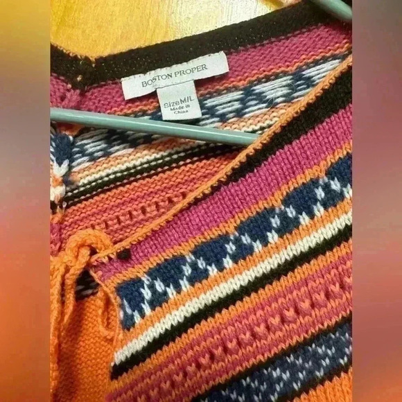 Boston Proper Lambswool Nylon  Knit Aztec Tribal Poncho M-L Orange Boho 264 - Picture 6 of 10
